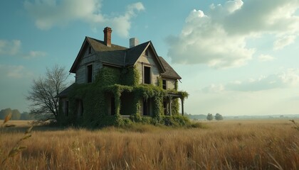 Fototapeta premium Old abandoned house stands in field with high dry grass. Ivy covers aged building. Vintage rural scene with sky background. Spooky derelict home evokes sense of forgotten places. Day view of decayed