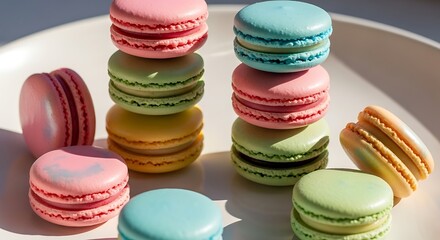 Obraz premium Assortment of Colorful French Macarons Piled on a White Plate, Sweet Confectionery