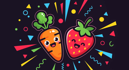 A cheerful illustration of a cute cartoon carrot and strawberry with happy faces surrounded by colorful abstract shapes.