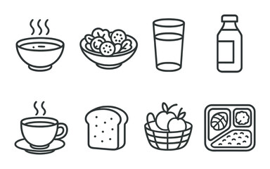Minimalist food icons: soup, salad, drink, bottle, tea, bread, fruit, bento
