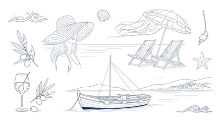 A collection of hand-drawn illustrations depicting a serene beach scene with a woman in a wide-brimmed hat, deck chairs under an umbrella, a sailboat, and coastal elements.