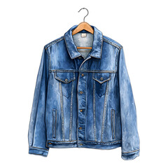 Stylish Denim Jacket in Blue Wash on Hanger, Casual Fashion Wear, isolated on transparent background