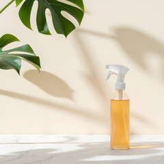Clear spray bottle with yellow liquid and green plant leaves nearby  
