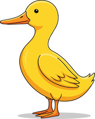 Cartoon yellow duck illustration, upright pose with orange beak and feet, vector animal drawing, children’s content, white background, playful design