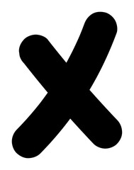 Black bold freehand X mark, angled thick cancel or error icon for wrong, failure, stop or rejection warning, PNG with transparent background