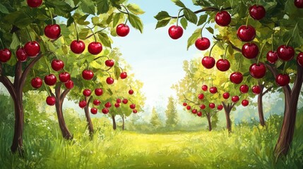 A Charming Cherry Orchard: Rows of Lush Cherry Trees laden with ripe, red cherries under a bright, sunny sky. A picturesque idyllic scene.