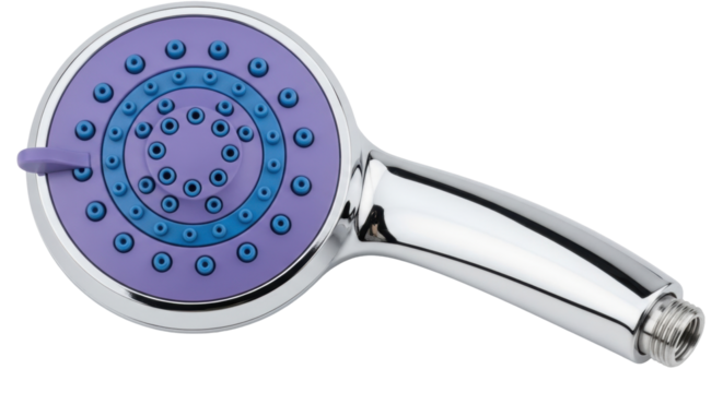 Isolated handheld shower head with purple faceplate, chrome finish, contemporary design