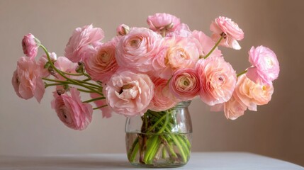 Fototapeta premium A stunning bouquet of soft pink ranunculus flowers fills a clear glass vase. The delicate petals and lush greenery create an elegant decoration on a simple table.