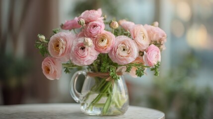 Obraz premium Soft pink ranunculus flowers are carefully arranged in a clear glass vase on a marble table, bathed in natural light. The setting feels warm and inviting, ideal for a cozy afternoon.