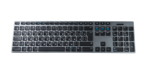 Black computer keyboard with modern layout for typing isolated on white background.