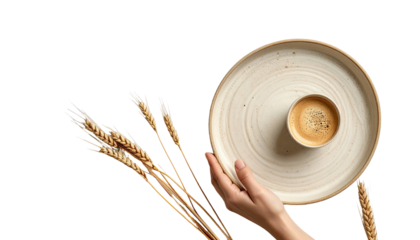 A hand holds a round plate with a coffee cup, surrounded by wheat stalks