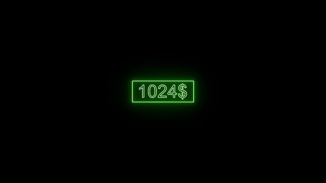 14 hundred dollar counter animation with neon text on black background. Money and digits increasing counting animation.Counting from 0 to 1,400$..