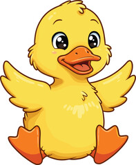 Cartoon yellow duckling illustration, sitting pose with raised wings, orange beak and feet, vector animal drawing, white background, children’s content