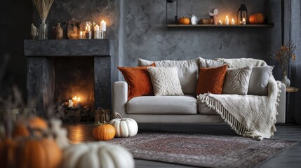 Fototapeta premium Living Room Decorated with Pumpkins and Candles for Halloween Celebration