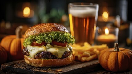 Burger with melting cheese, tomato and lettuce served with beer, pumpkins and fries