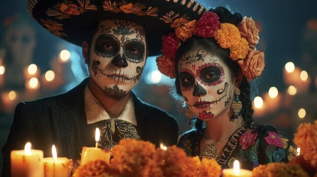Latino Couple with Calavera Makeup Celebrating Day of the Dead with Flowers and Candles