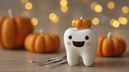 Halloween Themed Dental Health Composition with Tooth Model and Pumpkins