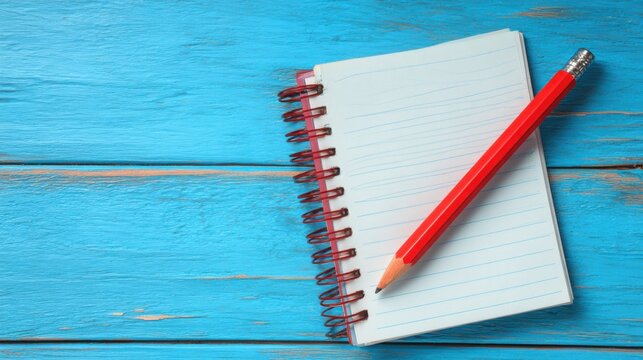 A blank notepad sits open next to a red pencil on a bright blue wooden table. This setup is ideal for jotting down ideas or making sketches during creative moments.