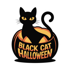 Whimsical Black Cat Halloween Illustration Featuring a Sleek Feline Nestled Inside a Carved Pumpkin with Festive Lettering Design