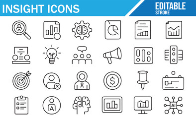 Editable Insight and Analytics Icons Featuring Charts, Graphs, and Business Strategy Symbols
