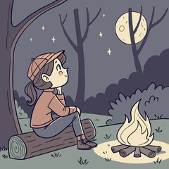 A young girl wearing a hat sits on a log by a campfire at night looking up at the moon and stars