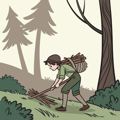 Young boy in vintage clothing gathering firewood in a forest carrying a bundle on his back