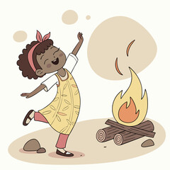 Joyful young black girl with curly hair dancing happily around a warm campfire at dusk