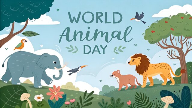 World animal day illustration with elephant lion and birds in a nature setting