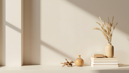 Minimalist interior scene with vases and dried flowers on shelf  