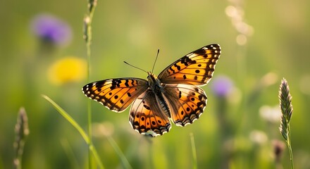 Obraz premium Close-up Macro Shot of a Beautiful Painted Lady Butterfly in a Lush Green Meadow