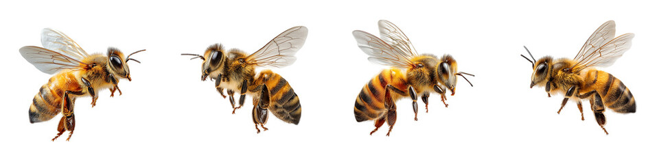 Detailed Close-Up of Four Honey Bees in Flight Captured Against a Transparent Background