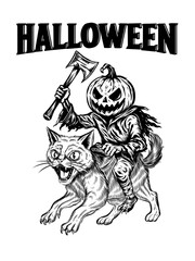 Pumpkin Head Rider on a Monster Cat - Halloween Horror Illustration