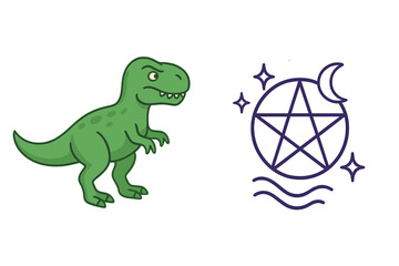 Obraz premium Collection of isolated vector cartoon icons. Green Tyrannosaurus Rex dinosaur character and a purple magic symbol. Wiccan pentacle with moon and stars. Pagan witchcraft sign.