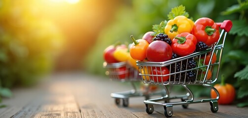 Two mini shopping carts brim with colorful fresh produce like peppers berries and apples. Healthy groceries sit on rustic wood table with soft sun flare. Outdoor market concept.