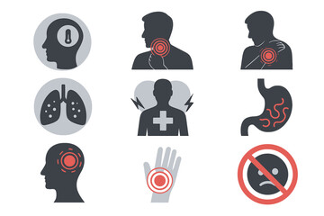 Set of medical icons showing disease symptoms. Healthcare vector symbols for fever, headache, sore throat, stomach ache, lung infection, shoulder pain. Sickness and pain concept.