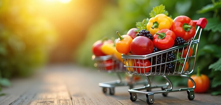 Two mini shopping carts brim with colorful fresh produce like peppers berries and apples. Healthy groceries sit on rustic wood table with soft sun flare. Outdoor market concept. - Powered by Adobe