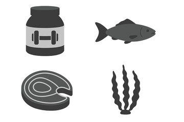 Protein sources icon set. Bodybuilding supplement, fish, salmon steak and seaweed. Healthy food nutrition concept. Fitness, gym, diet symbols. Sea food collection vector.