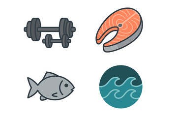 Fitness and healthy food icon set. Dumbbells for gym workout, salmon steak for protein diet, fish and sea wave symbol. Nutrition, sport, and healthy lifestyle vector concepts.