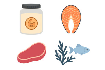 Collection of protein food sources. Whey supplement, salmon fish steak, beef meat. Nutrition for bodybuilding and fitness. Healthy diet vector icon set isolated on white.