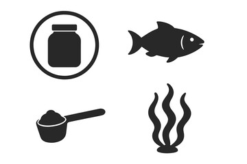 Marine collagen protein powder icon set. Fish and seaweed algae supplement source symbol. Scoop with nutritional whey or spirulina. Jar for healthy food and drinks. Vector.