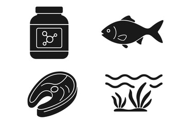 Food protein sources glyph icons set. Seafood, fish, salmon steak, marine algae. Bodybuilding supplement, amino acids jar. Healthy diet, nutrition, and omega-3 concept symbols.