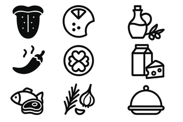 Food and cooking icon set. Collection of taste and product symbols. Vector glyph and outline icons for restaurant, menu, and grocery. Includes tongue, chili, oil, dairy, meat.
