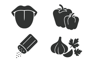 Taste and seasoning glyph icon set. Spices and flavoring concept. Human tongue, bell pepper, paprika, salt shaker, garlic, parsley. Cooking ingredient symbols. Food vector.
