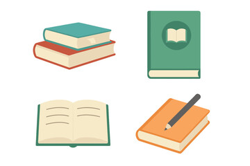 Set of book icons for education and learning. Vector graphic elements for school, library, university. Open book, textbook stack, diary, notebook with pencil. Knowledge symbol.
