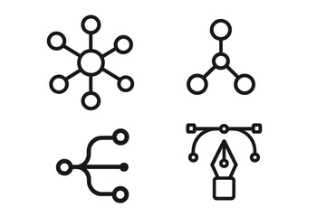 Vector icon set. Network, connection, hub, communication. Data structure, branching, flowchart. Graphic design pen tool, bezier curve, anchor point. Technology symbol.