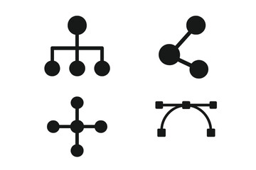 Vector icon set of connection and design symbols. Network, hierarchy chart, hub, and share icons. Graphic design element with pen tool, anchor point, and curve path for web.