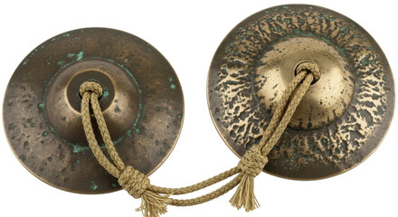 Isolated Antique Bronze Finger Cymbals with Beige Cord for Belly Dancing or Sound Healing