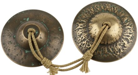 Isolated Antique Bronze Finger Cymbals with Beige Cord for Belly Dancing or Sound Healing