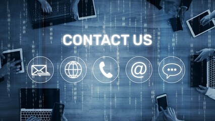 UI concept for contact us section showing icons for email, web, phone, and message. Contact and support icons help streamline business communication and improve customer contact experience. Muxer