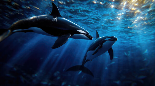 A family of killer whales on the hunt, looking for a whale or other sea animals